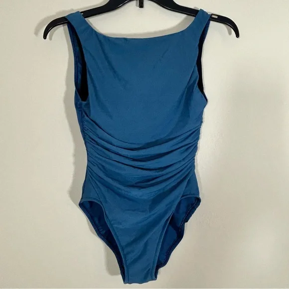 Miraclesuit Ruched One Piece Swimsuit Size 10 Teal Blue Slimming Lined Underwire - Picture 1 of 14